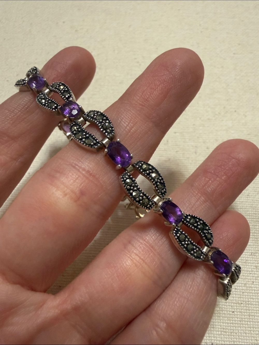 Sterling Silver 925 Elegant Purple Gemstone Link Bracelet 7’ in